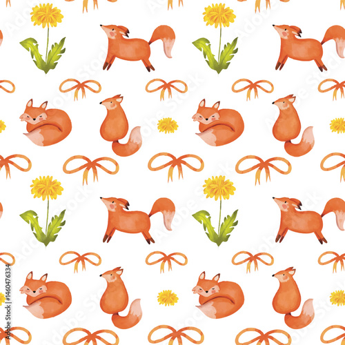 Hand drawn watercolor fox Seamless Pattern,  Watercolor seamless pattern with cute fox. Hand drawn woodland  animals watercolor seamless pattern