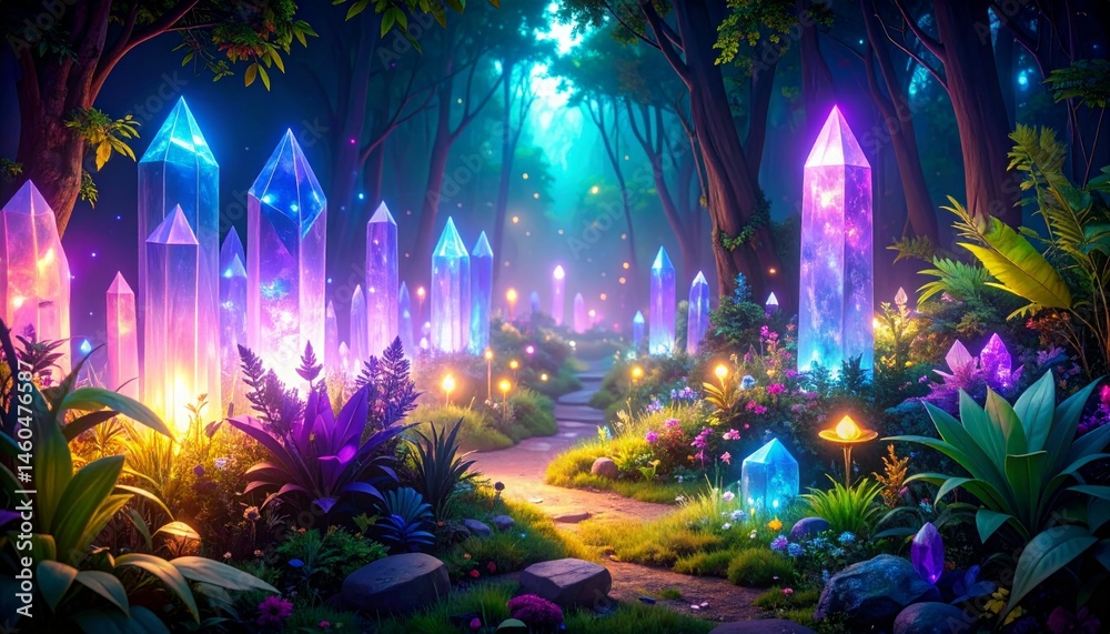 Fototapeta premium Enchanted Forest with Colorful Crystals and Mystical Glow