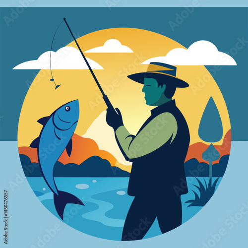 Fisherman with fishing rod in his hands caught a fish silhouette vector