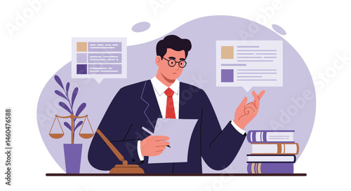 Businessman reading documents in office with gavel and law books vector illustration in professional environment 