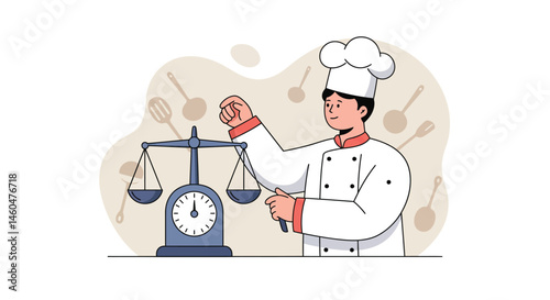 Chef weighing ingredients on vintage kitchen scale for precise cooking measurement vector illustration 