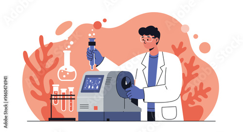 Scientist conducting laboratory experiment with advanced lab equipment and test tubes vector illustration 