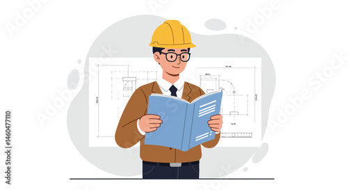 Engineer wearing yellow helmet reading construction blueprint vector illustration in office environment 