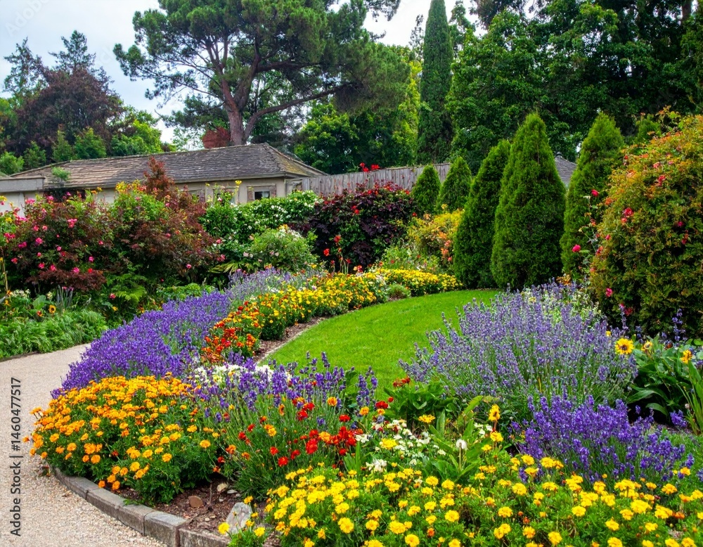 Obraz premium Vibrant and Colorful Garden Pathway Surrounded by Flourishing Plants