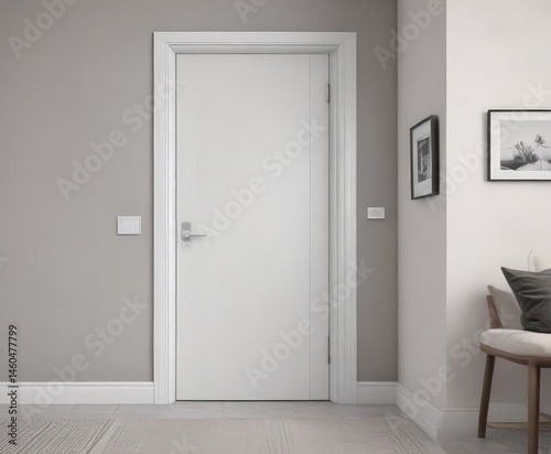 Modern white interior door, sleek handle closed ,  room,  white background,  home decor
