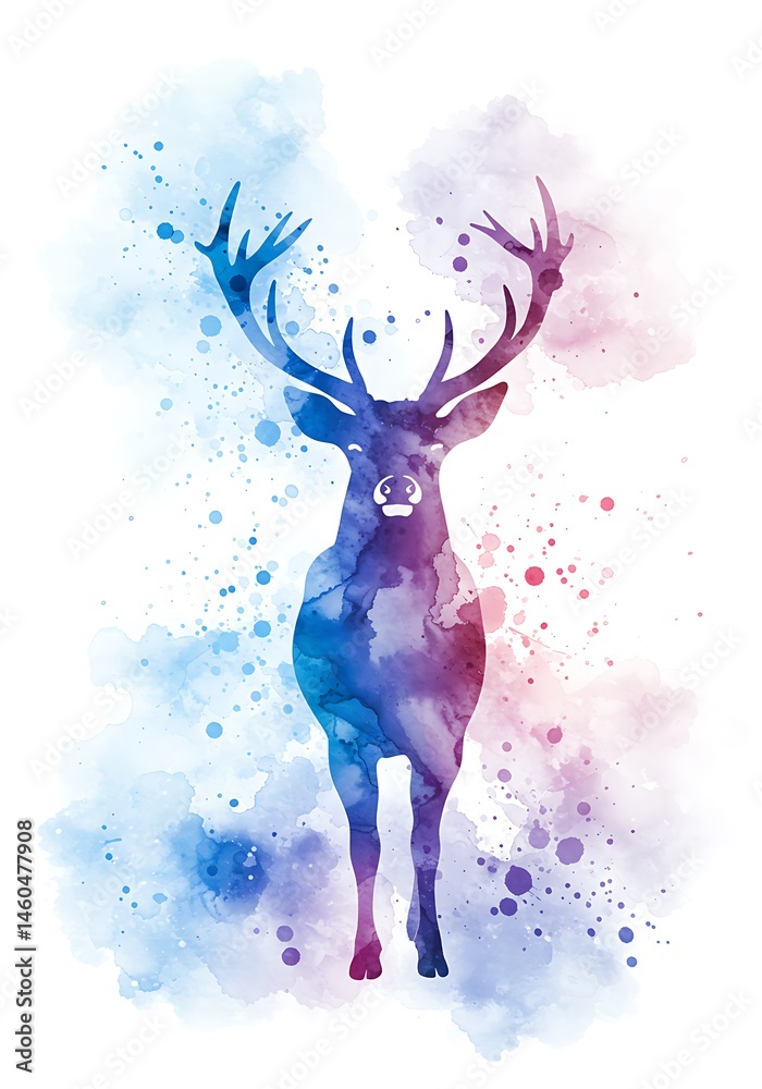 Fototapeta premium Blue and purple watercolor deer silhouette