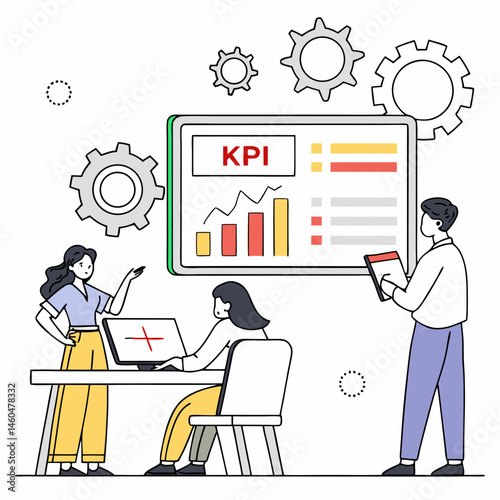 Team Analyzes Key Performance Indicators With Chart On Computer Illustration
