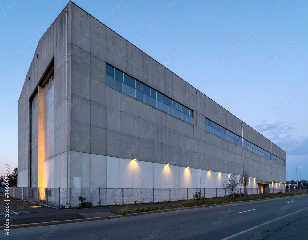 Obraz premium Modern Industrial Building with Concrete Facade at Dusk