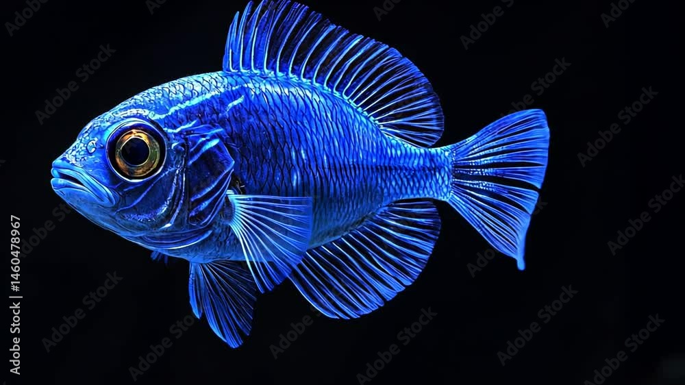 Captivating close-up of a vibrant blue fish swimming gracefully in dark waters