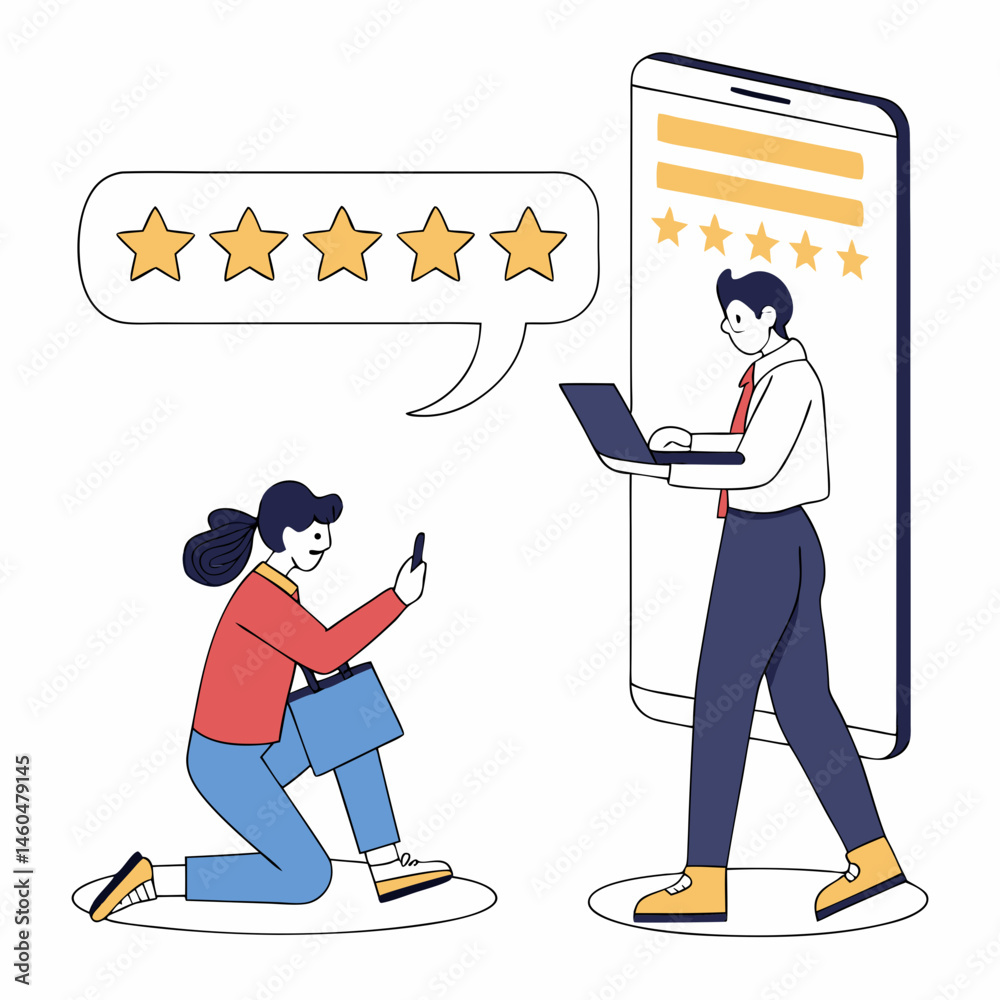Customer Feedback Illustration With Phone And Stars For Great User Experience Customer Feedback Illustration With Phone And Stars For Great User Experience
