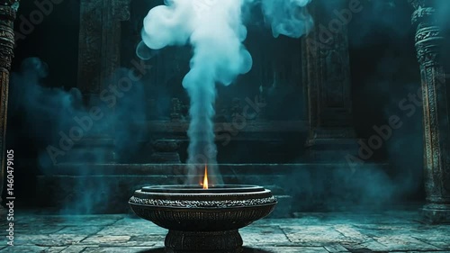 Mystical smoke rising from an ancient altar, surrounded by stone pillars and eerie atmosphere
