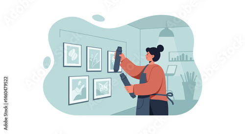 Woman hanging framed pictures on wall in cozy home interior with modern decor vector illustration 