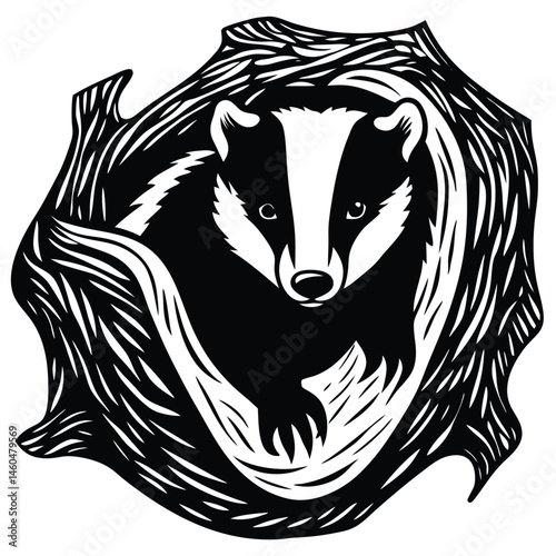 Cute Badger Resting Inside a Hollow Log in Forest Setting