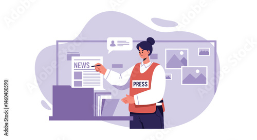 Female journalist reporting news in office holding press folder working on media communication vector illustration 