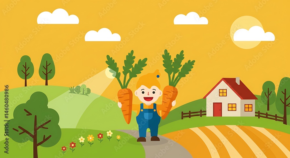 Naklejka premium Child Holding Carrots in Farm Scene with House and Field