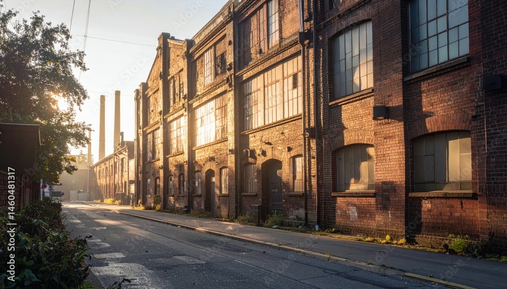 Obraz premium Abandoned Brick Factory Building with Warm Morning Light