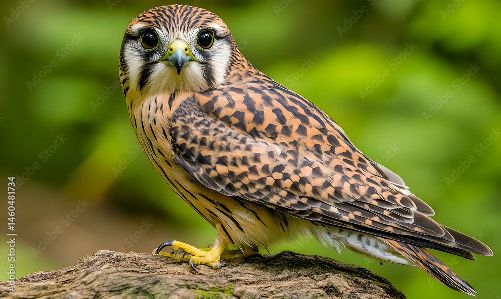 Obraz premium Stunning close-up of a captivating falcon perched on a weathered log, showcasing intricate feather detail and intense gaze.