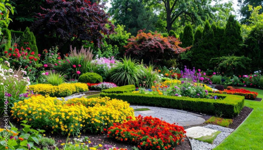 Obraz premium Vibrant Garden Landscape with Colorful Flowers and Green Foliage