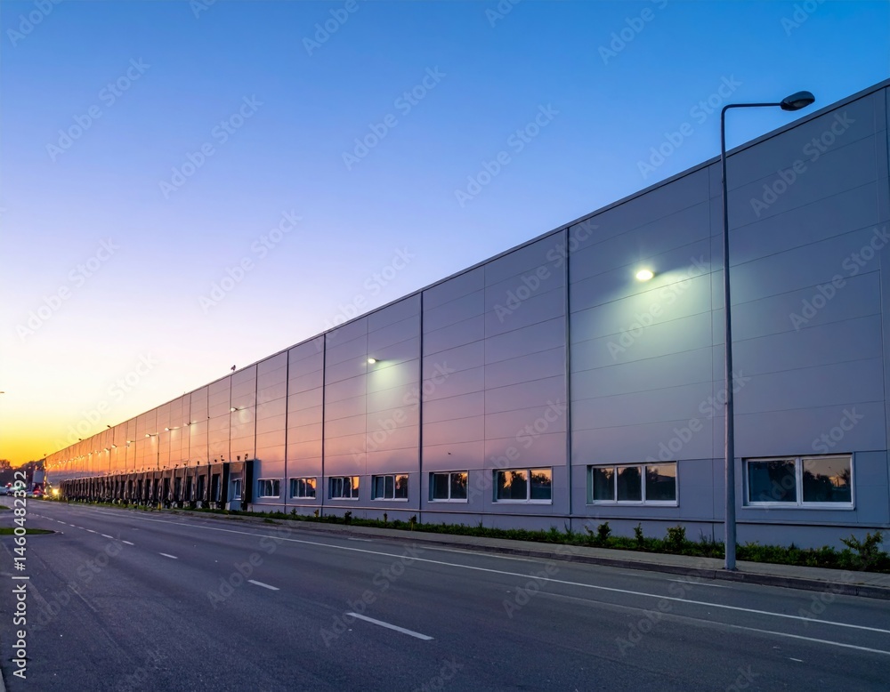 Obraz premium Modern Industrial Warehouse at Sunrise with Utility Poles and Road