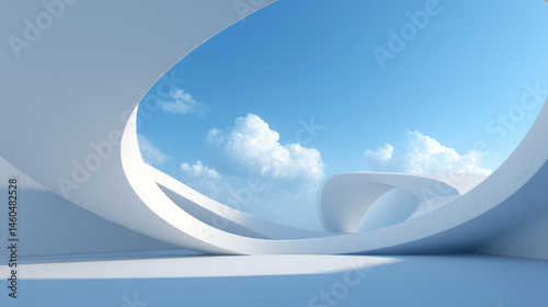 Fototapeta Naklejka Na Ścianę i Meble -  3D render of an abstract background with white curved shapes and a blue sky with clouds in the background