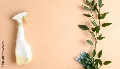 Set of eco-friendly cleaning tools on beige background with green plant. Concept of spring cleaning services with copy space, Dynamic motion. with white shades