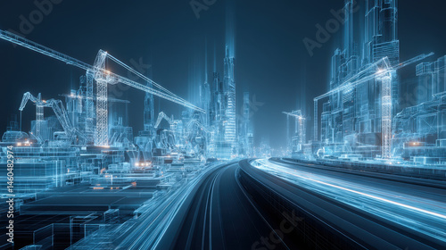 A blue digital wireframe cityscape with cranes and construction equipment, representing the future of urban development