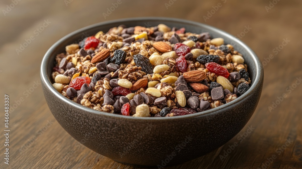 Close-up of a Bowl Filled with a Mix of Dried Fruits and Nuts with Bananas in the Background Showing a Healthy Snack or Breakfast Option for Nutrition and Energy Boost Close-up of a Bowl Filled with a Mix of Dried Fruits and Nuts with Bananas in the Background Showing a Healthy Snack or Breakfast Option for Nutrition and Energy Boost