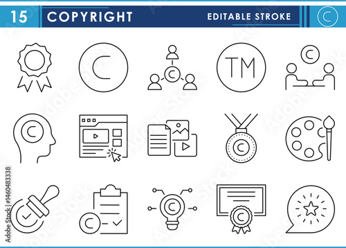 A set of line icons related to Copyright. Trademark, logo, brand, protected, law, and so on. Vector editable stroke.