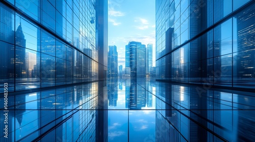 Architectural wallpaper of a futuristic cityscape, skyscrapers dominating the skyline and reflecting light in a dynamic urban setting.  