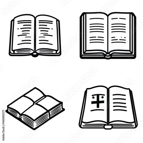 Four Sketch Style Book Icons with Text on Pages and Transparent Background