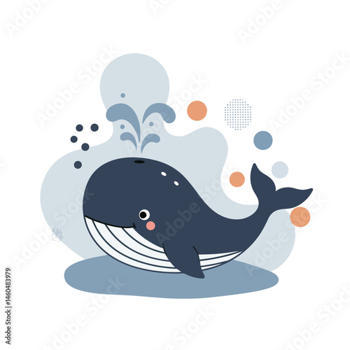 Cute cartoon whale illustration with water splash and bubbles in soft blue and orange tones vector design 