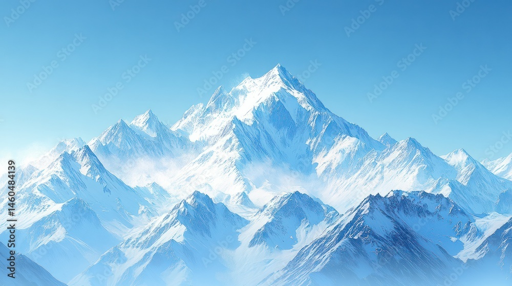 Obraz premium Majestic snow-capped mountain range with rugged peaks under clear blue sky in a breathtaking landscape perfect for nature photography and outdoor adventures