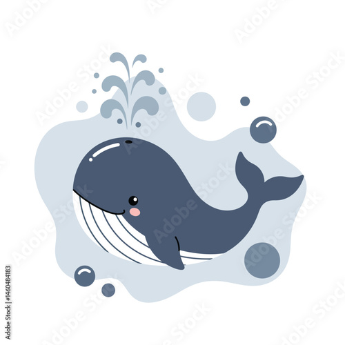 Cute blue whale illustration with water splash and bubbles underwater marine life vector design 