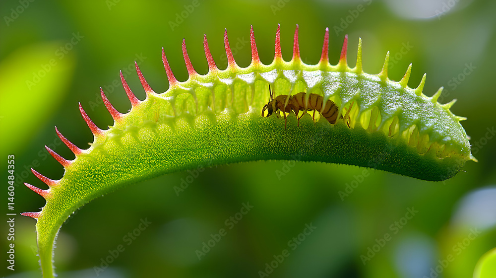 Naklejka premium Close-up shot of an ant caught in a Venus flytrap, showcasing the plant's intricate structure and the insect's struggle.