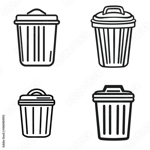 Four Trash Can Icons, Outline Style, Waste Baskets, Isolated on Transparent Background