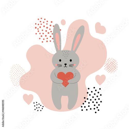 Cute grey bunny holding red heart with pink abstract background vector illustration for love and affection concepts 