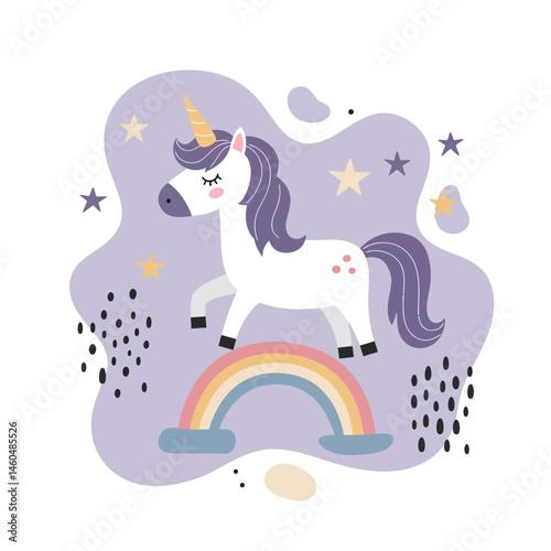 Unicorn standing on colorful rainbow with stars and abstract shapes in purple background vector illustration 