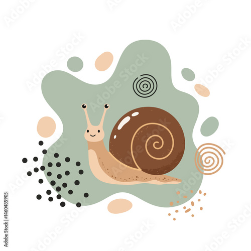 Snail with abstract shapes and muted green background vector illustration for nature and animal themes 