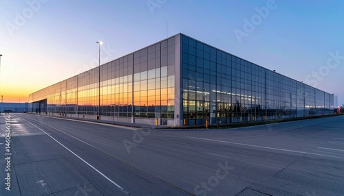 Modern Industrial Building with Glass Facade at Sunset