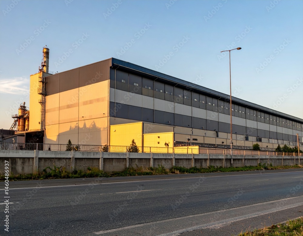 Obraz premium Industrial building with sunset lighting near city road landscape