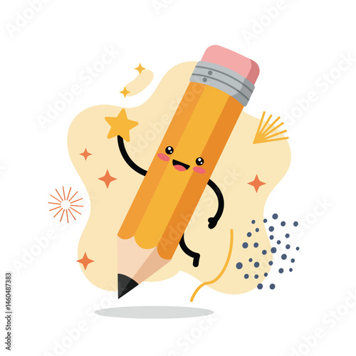 Happy pencil character with eraser and stars kawaii smiling vector illustration 