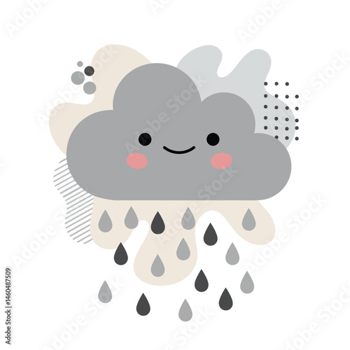 Cute smiling rain cloud with raindrops and abstract shapes in neutral tones vector illustration 