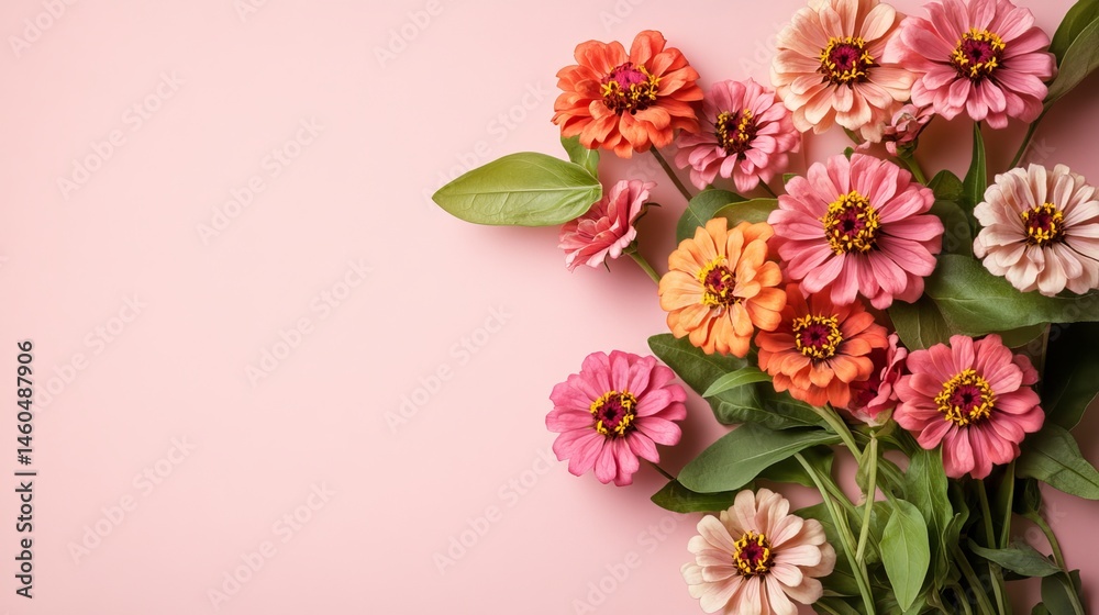 Beautiful pink and orange zinnia flowers on pink background floral arrangement soft bloom plant decor