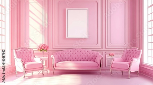 Pink Dream Room Interior, Empty Frame Mockup, Luxury Design