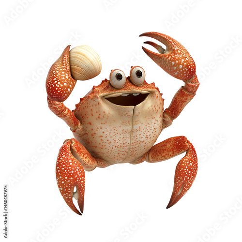 Cartoon Crab Holding Seashell Isolated on Transparent Background