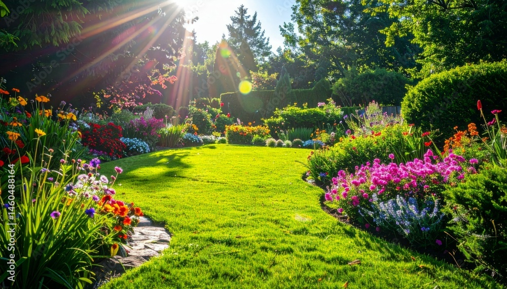 Obraz premium Beautiful Sunny Garden with Vibrant Flowers and Lush Greenery