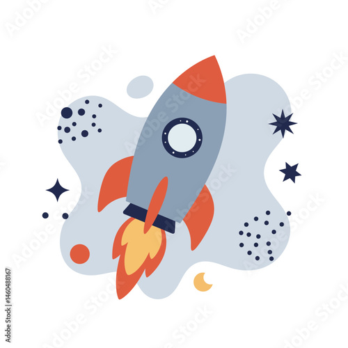 Rocket ship flying through space with stars and planets vector illustration in flat style 