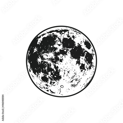 Full Moon Graphic, Lunar Phases with Craters in Black and White, Transparent BG