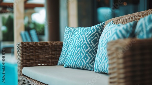 Stylish Rattan Sofa With Turquoise Pillows By Poolside