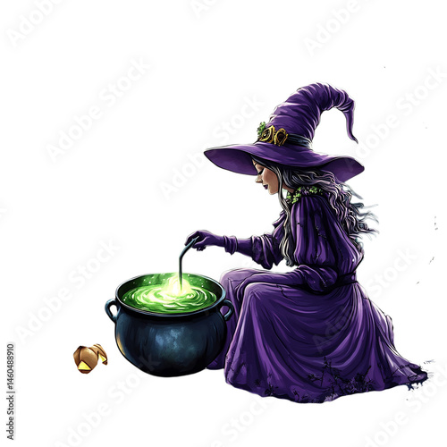 A Cartoon Witch Stirring a Cauldron Isolated on Transparent Background